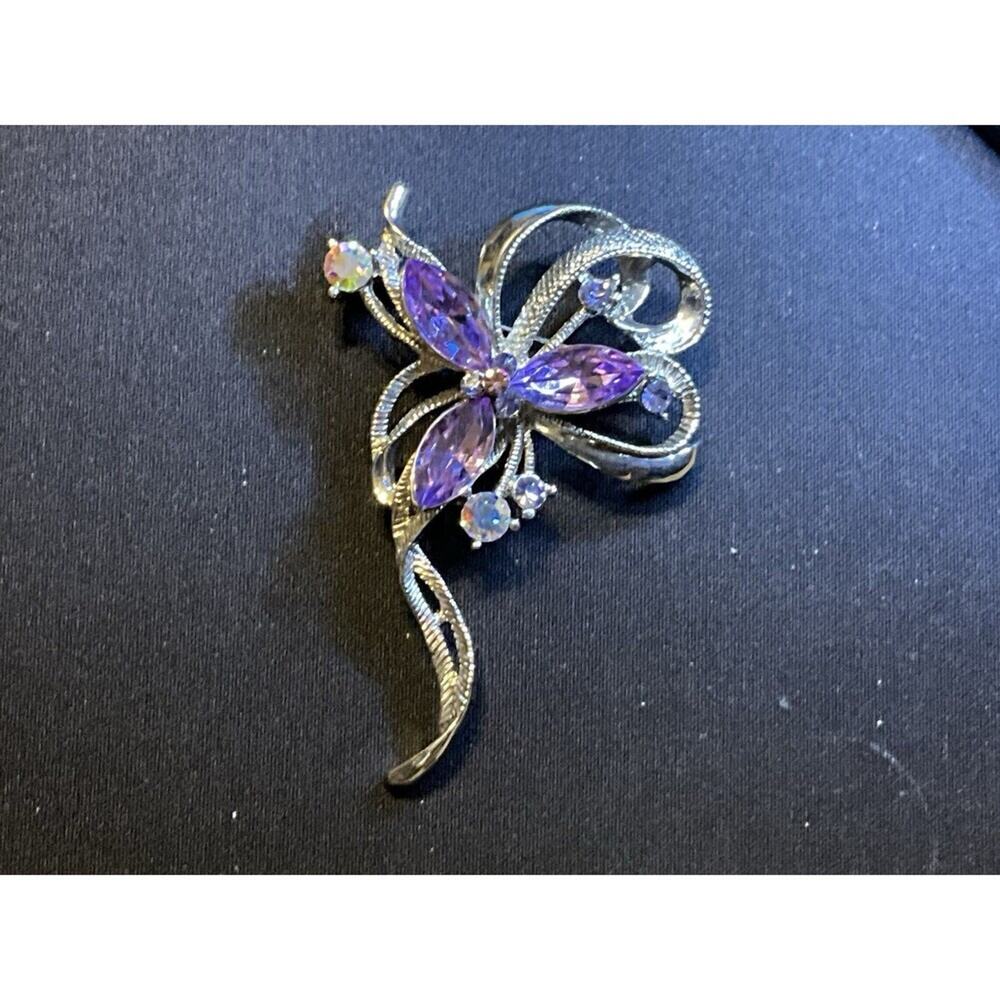 Floral Brooch Lavender & A/B Crystals & Rhinestones